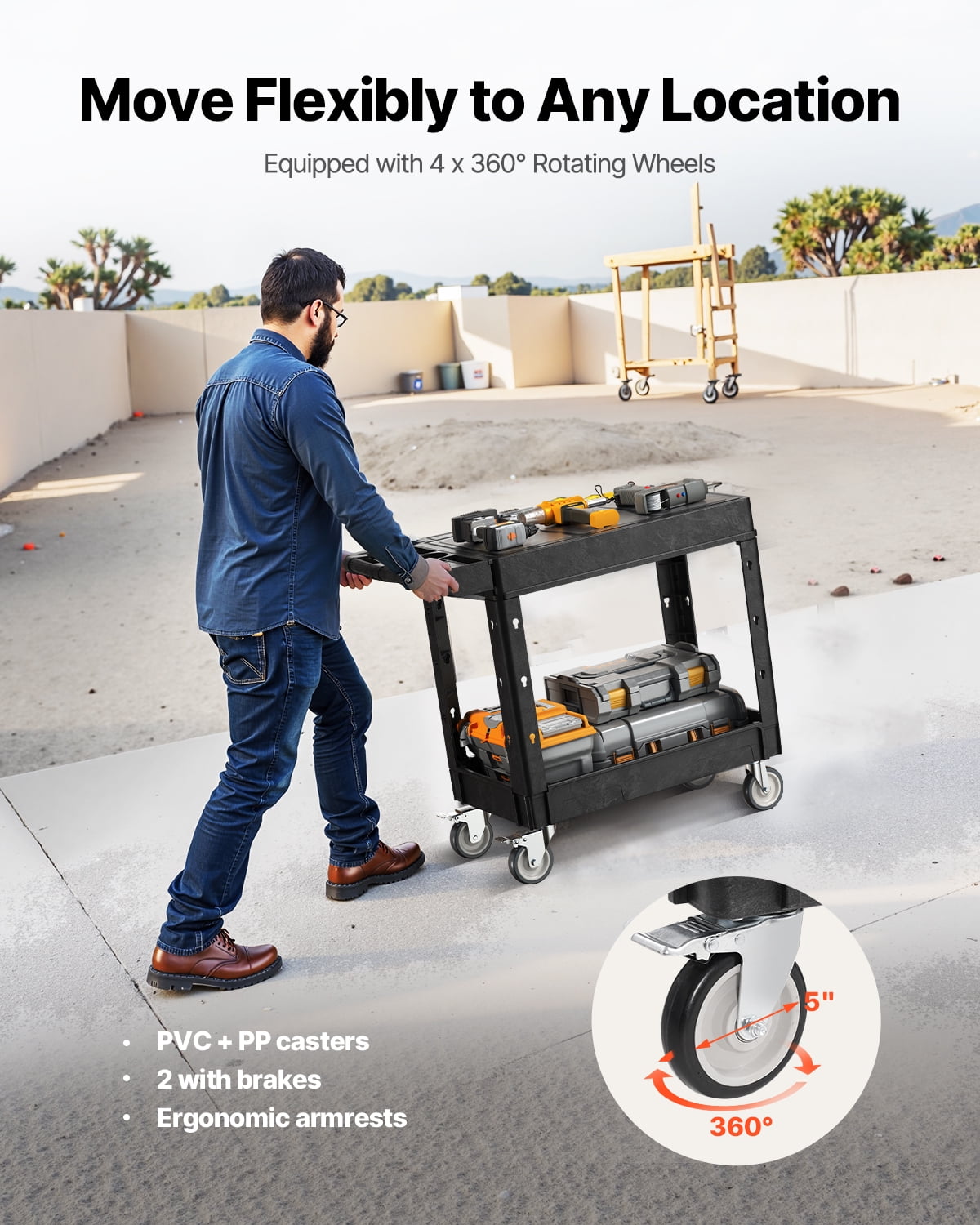 VEVOR Utility Cart, 550 lbs Load Capacity, 31.3 x 17.7-inch Service Cart, Two-Shelf Heavy Duty Plastic Utility Cart with 360° Swivel Wheels (2 with Brakes), Suitable for Warehouse, Garage, Cleaning