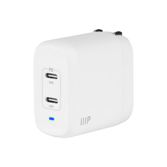 Monoprice 40W 2-port USB-C GaN Charger, Fast Charge, Foldable, Power Delivery for iPad, iPhone, Samsung Galaxy, White