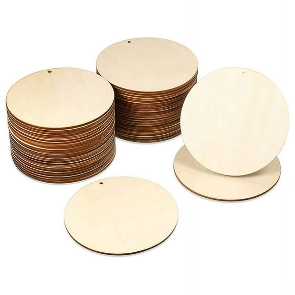 50 Pieces Wood Circles Unfinished Round Cutouts Pre-Drilled Tags Slices Blank Wooden Discs with Holes Pendants (4 Inch)