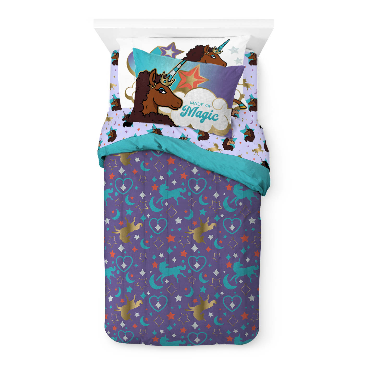 Afro Unicorn Blue 5 Piece Twin Bed Set w/ Sham, 100% Microfiber