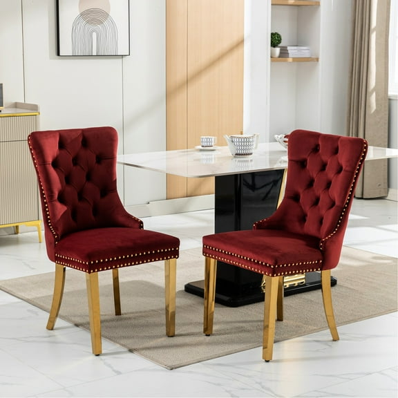 High Luxury Dining Chair , 2 Pieces, Burgundy Velvet, Golden Stainless Steel Legs And Trim Modern Velvet Upholstered Chairs, Wine Red, Plating Legs, Solid Wood Frame, High Rebound Seat Cushion