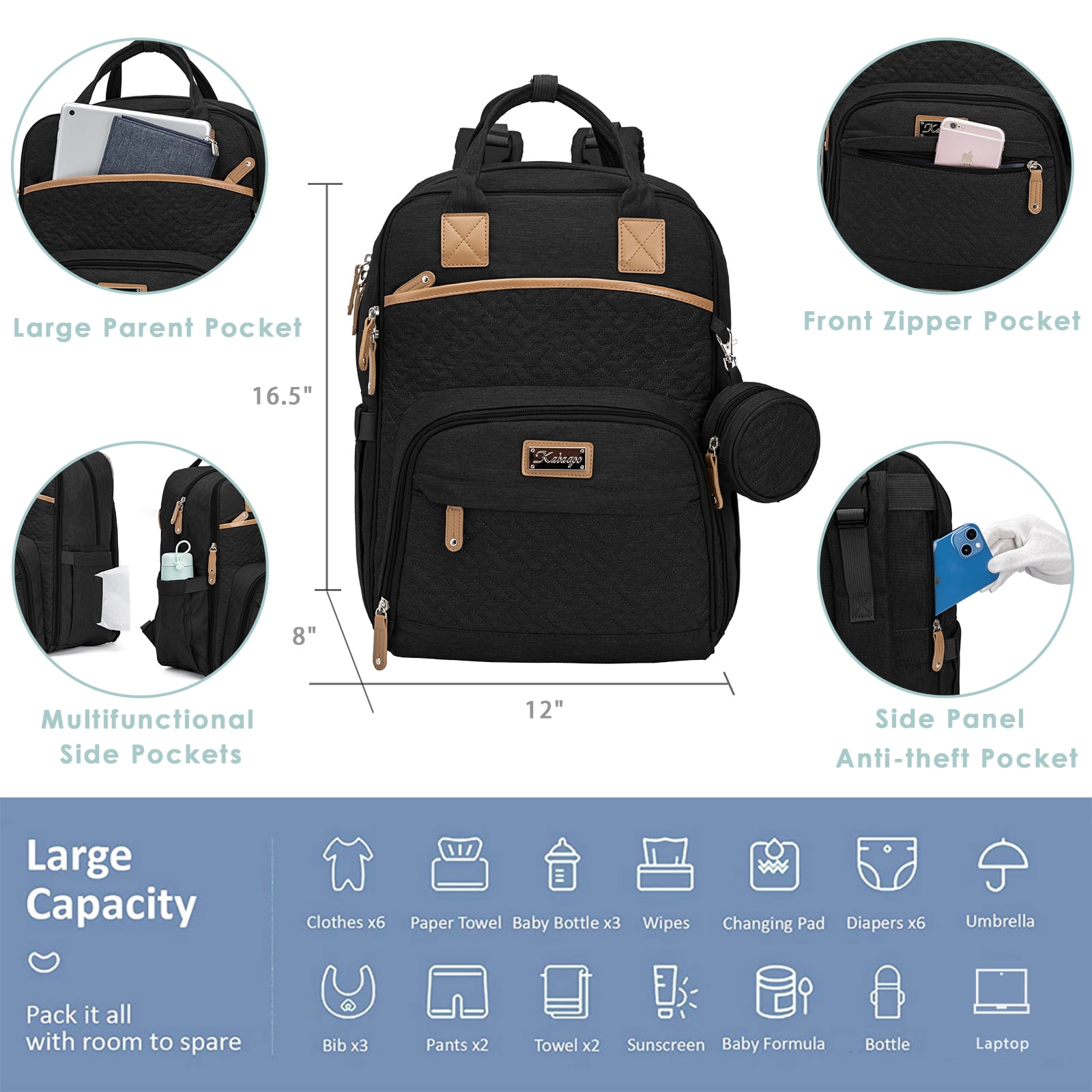 Kabaqoo Large Baby Diaper Backpack, Multifunction Waterproof Mom Bag with Changing Pad, black