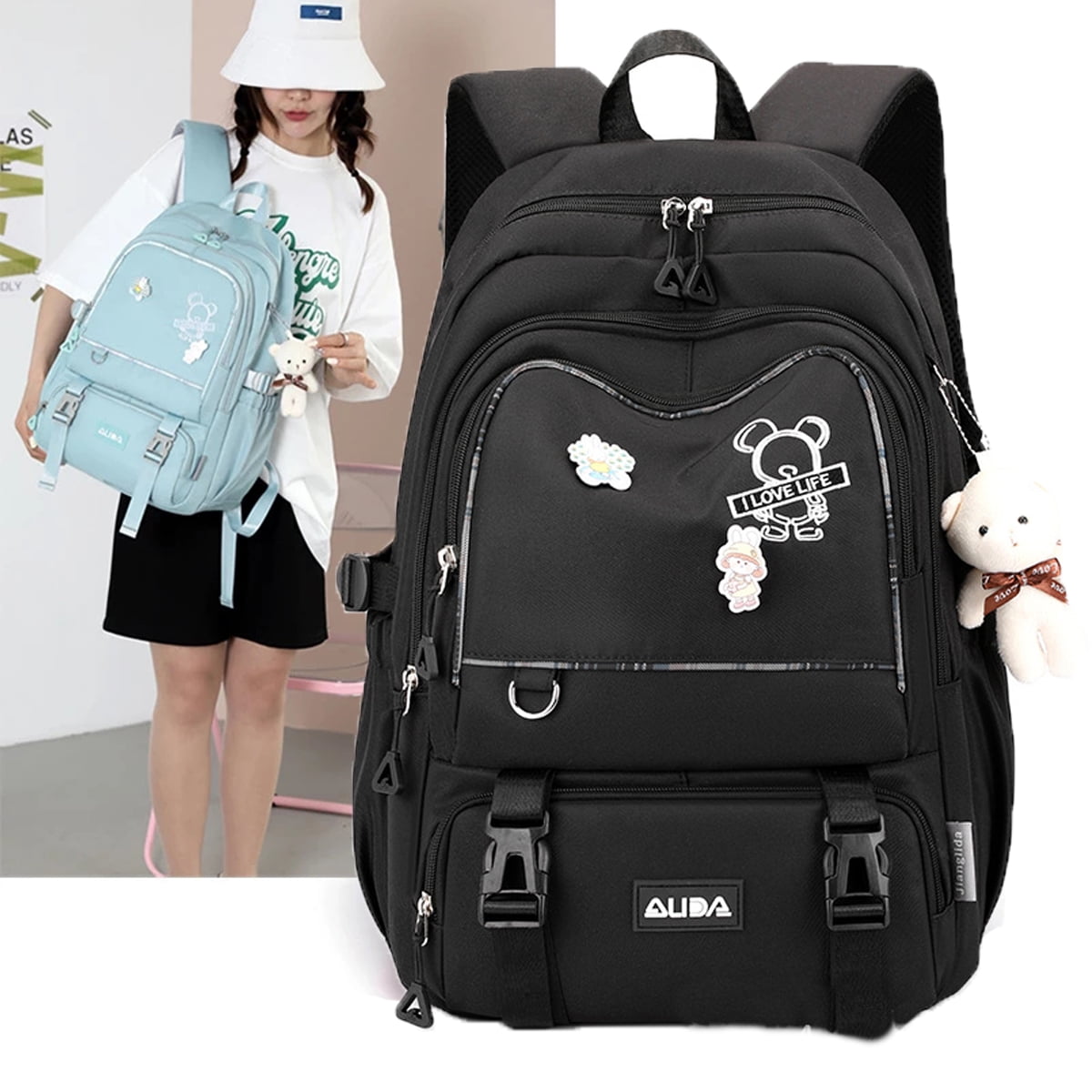 QingY-Nylon Women Backpack Solid Color School Bags for Teenage Girls School  Bag Travel Bags