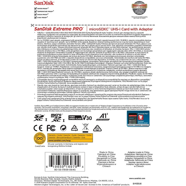  SanDisk Extreme Pro MicroSDXC UHS-I U3 A2 V30 64GB + Adapter :  Electronics