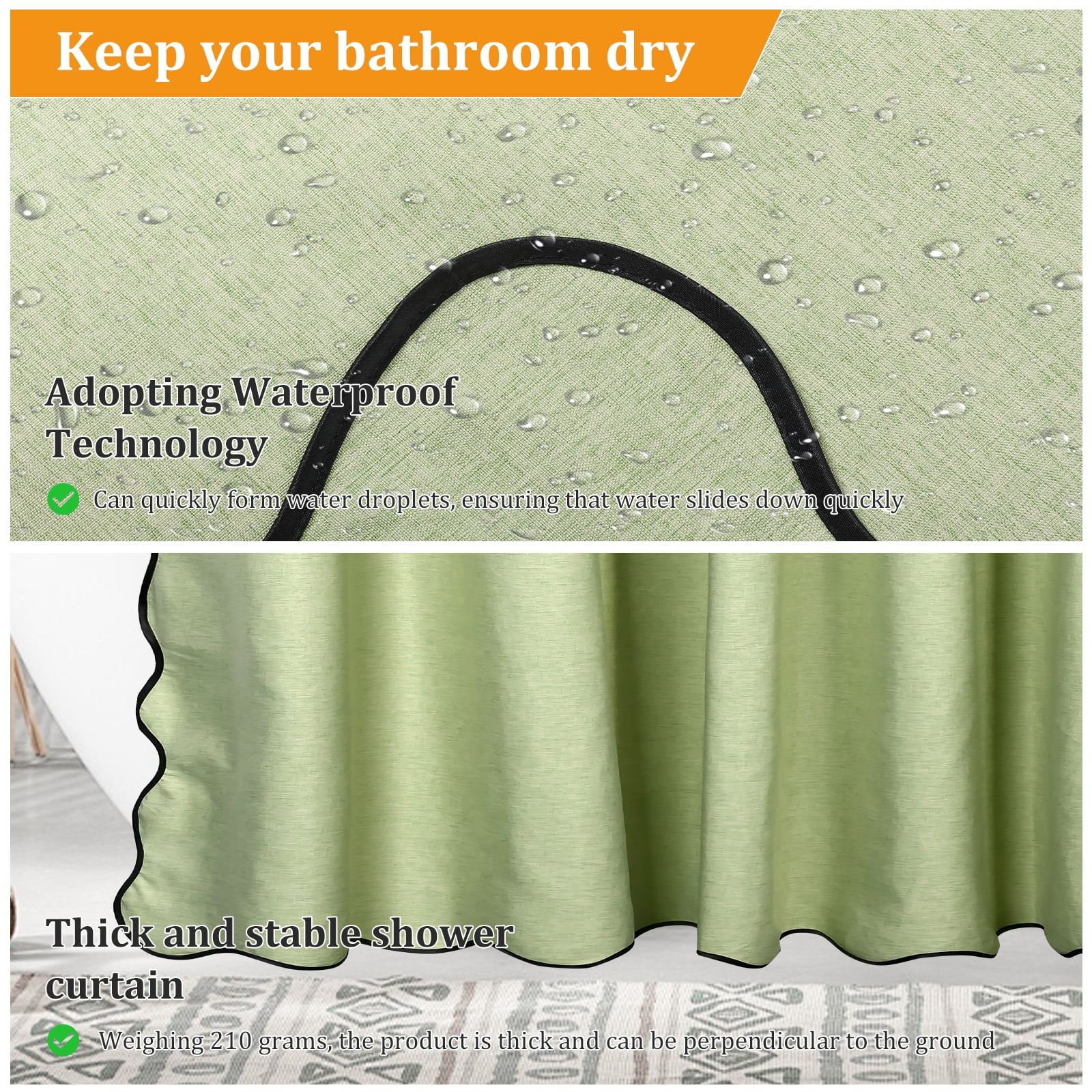 Dznils Black Scalloped Boho Shower Curtain with Hooks, Water-Repellent Thick Linen Fabric Bathroom Curtain, Green, 72" x 72"