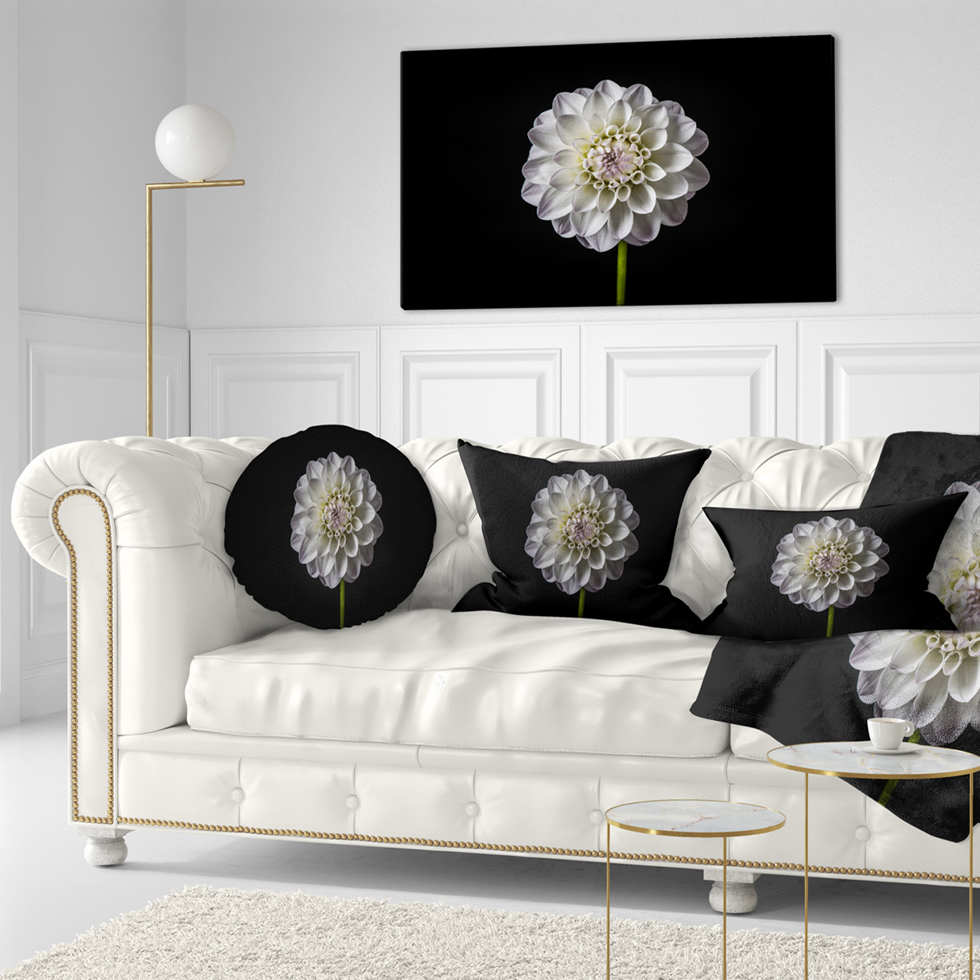Designart Isolated Dahlia Flower in Black - Floral Throw Pillow - 12x20