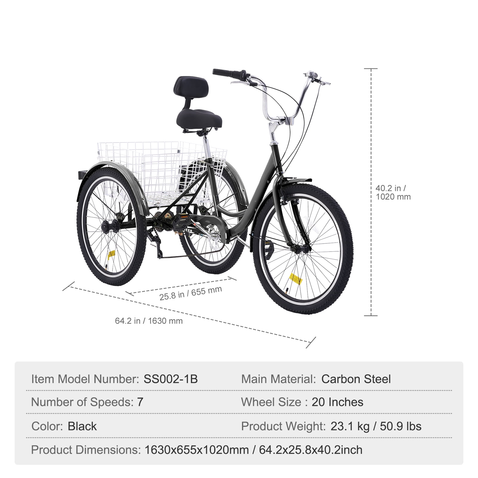 SKYSHALO Adult Tricycles 7 Speed 20/24/26 Inch, Cruiser Trike with Carbon Steel Frame, Carrying Basket & Adjust Seat, Ideal for Picnic & Shopping, Suitable for Seniors, Women, Men - 20" Black