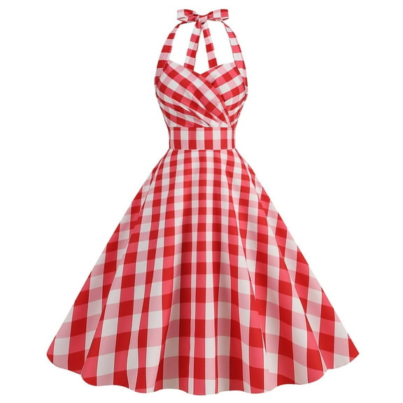 QUNYINEY Casual Dresses for Women 2025 Plaid Sleeveless A-Line Dress Empire Waist V Neck Flowy Midi Sundress