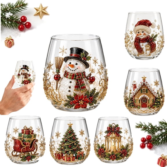 3D Christmas Glass Art Cup Santa Decor Glassware Drinking Glass Cup Snowman Stemless Wine Glasses Holiday Tumbler for Coffee, Tea, Juice, Milk, Xmas Party Home Festive Decor Gifts