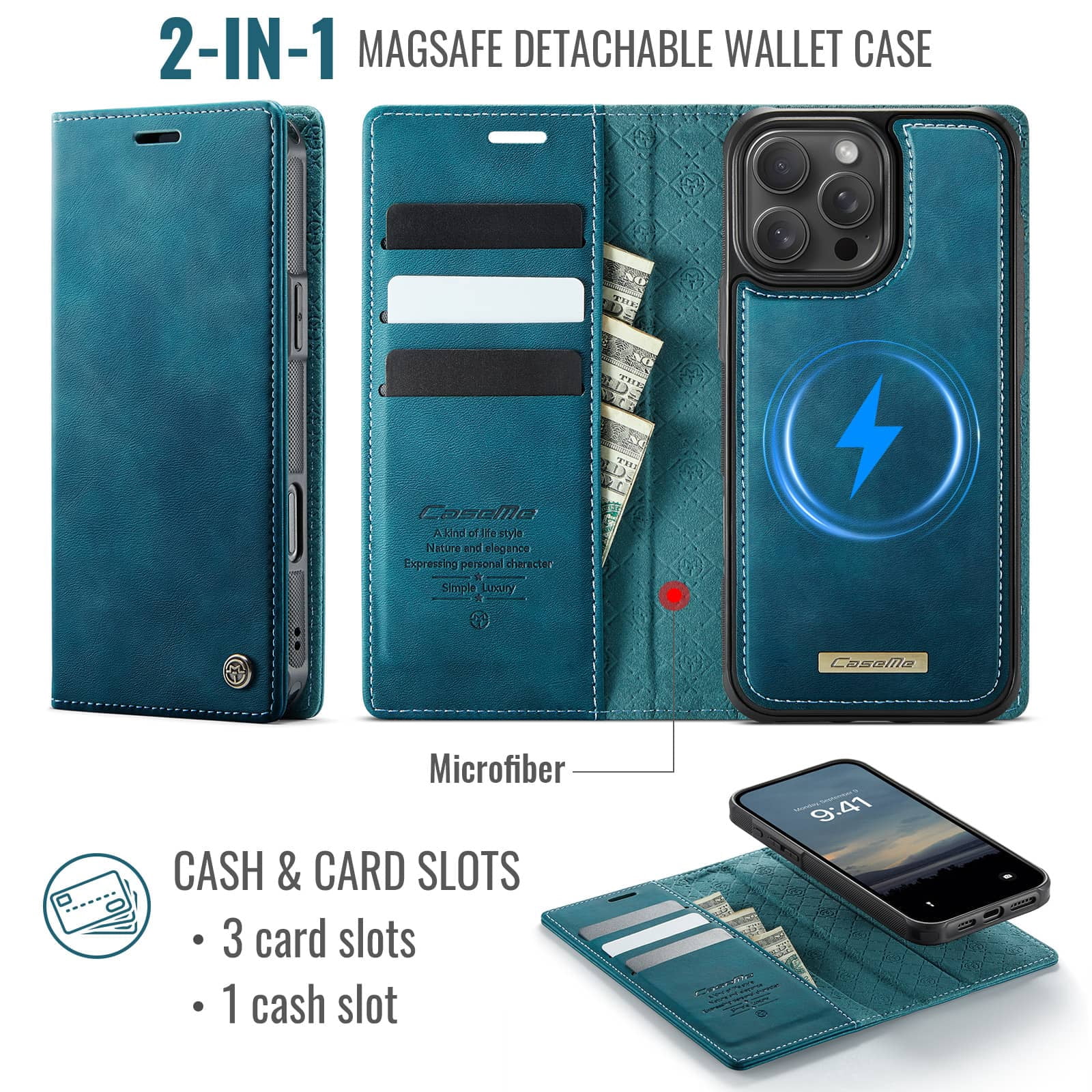Magnetic 2 in 1 Magsafe Detachable Wallet Case for iPhone 16 Pro Max with Card Holder Women Men, Retro PU Leather【RFID Blocking】Kickstand Shockproof Cover