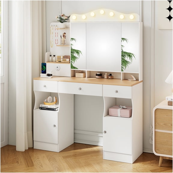 JERFIT Makeup Vanity Desk with Lights and Mirror, 7 LED 3-Color Dimmable Mirror, Vanity Table with 3 Drawers, 2 Cabinets, USB Charging Station, White