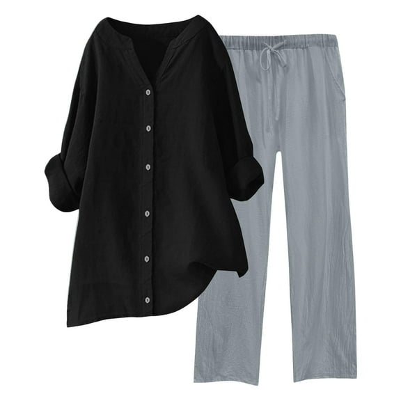 Womens Pant Suit Long Sleeve Daily Casual Solid Shirt Tops Pockets Shirt Trousers Set Two Piece Sets for Women