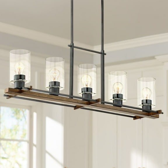 Franklin Iron Works Ranger Dust Bronze Wood Linear Pendant Chandelier 36 3/4" Wide Rustic Clear Glass 5-Light Fixture for Dining Room Kitchen Island