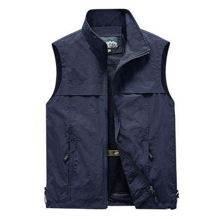 hopeusince Men s Outdoor Vest Lightweight Quick Dry Stand Collar Sleeveless Multi Pockets Sports Fishing Travel Photographer s Vest Dark Blue XXXXL