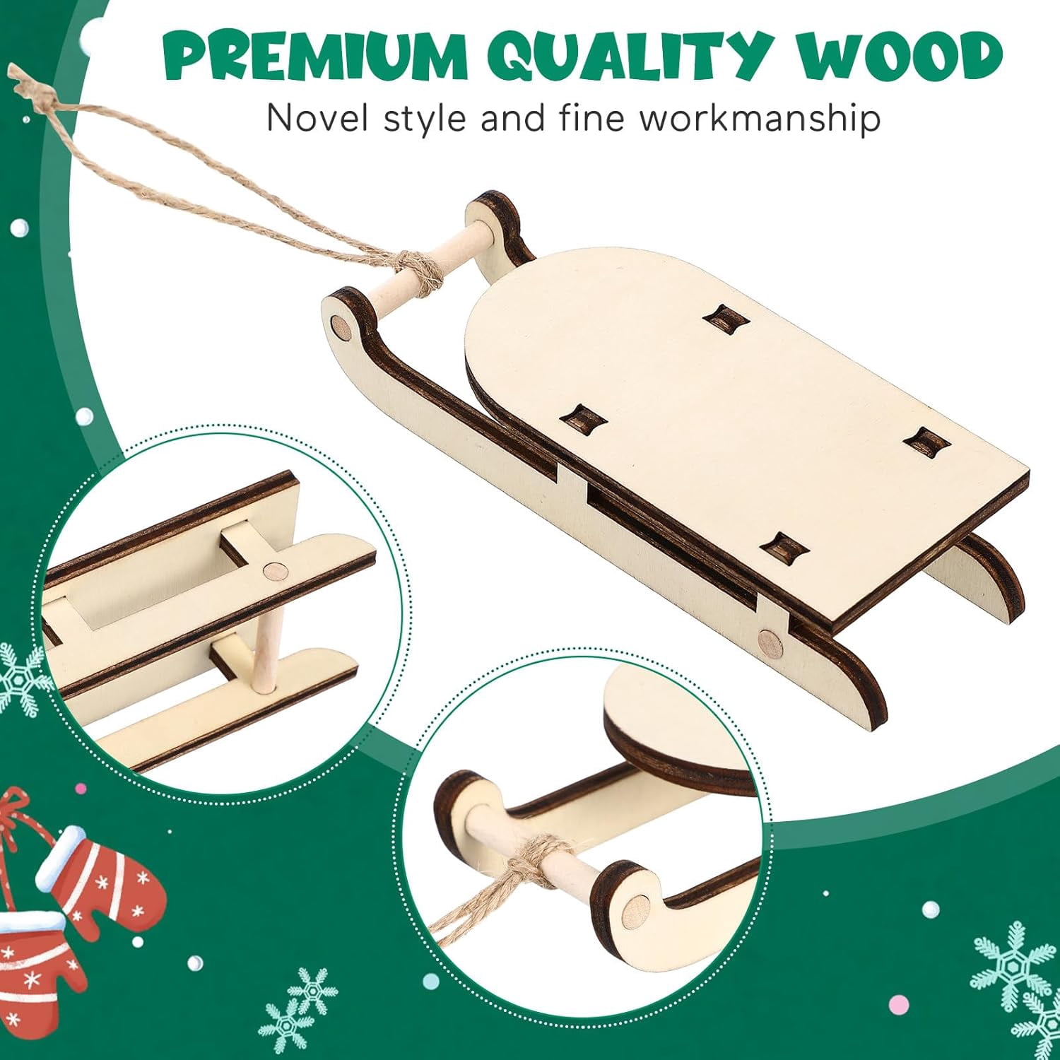 ABCISI 6pcs Christmas Sleigh Miniature Wooden Sleighs Models, Unfinished Wood Sleds Ornaments for DIY Christmas Crafts, Holiday Table Centerpiece, Christmas Tree Hanging Decoration, Wedding Decor
