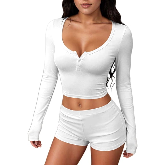 Arlun Summer Two Piece Yoga Sets for Women Button up Scoop Neck Long Sleeve Crop Tops and Stretch Tight Shorts 2026 Spring Summer Slim Solid Color Workout Casual Outfits White XL