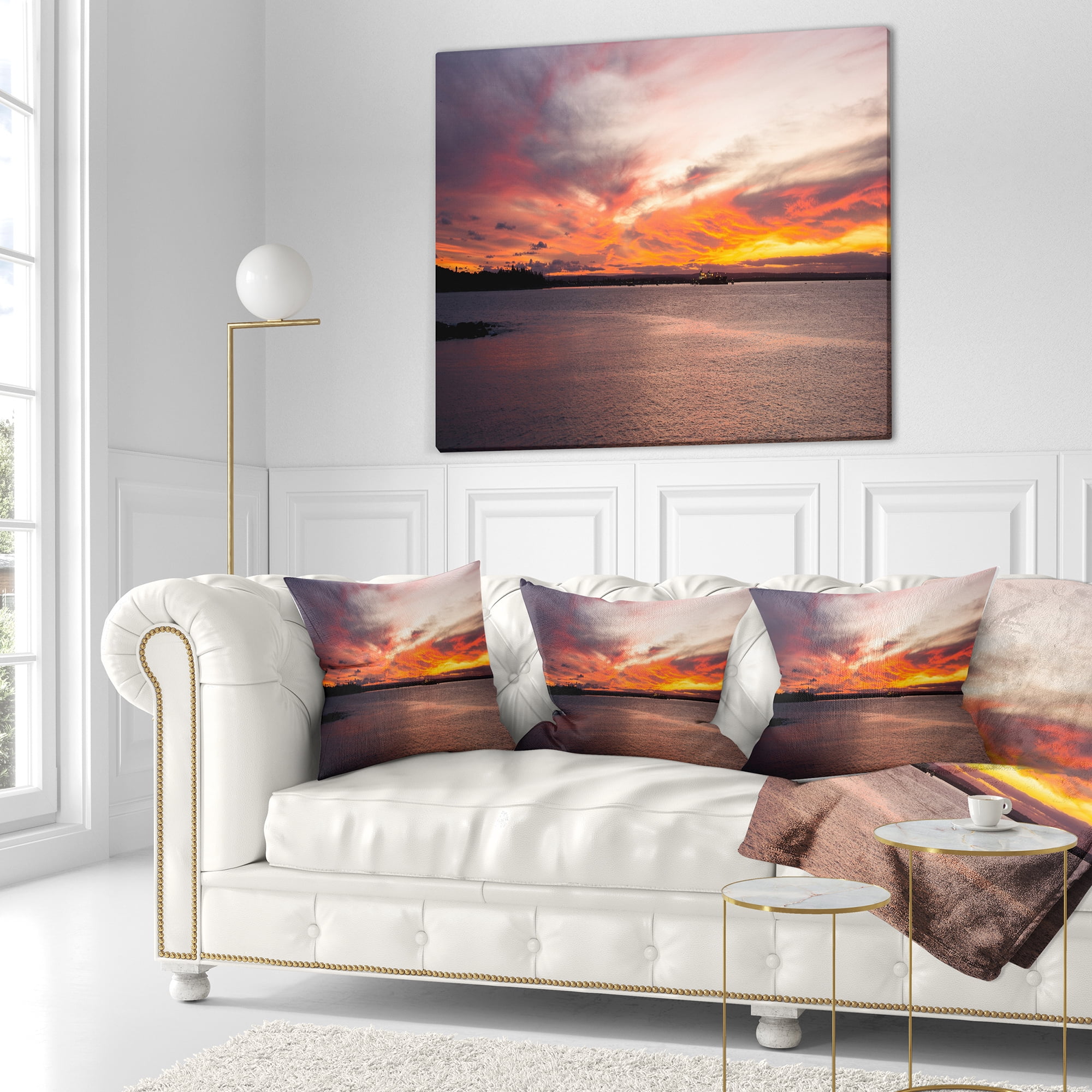 Designart Yellow Sky Over Calm Sydney Coast - Seashore Throw Pillow - 18x18