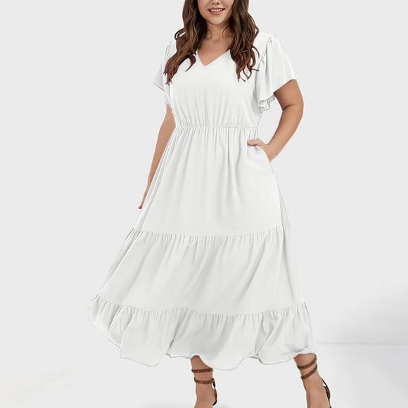 zanvin Plus Size Summer Dresses for Women Boho Floral Maxi Long Dress V-Neck Short Sleeve Beach Dresses for Party Casual ,White