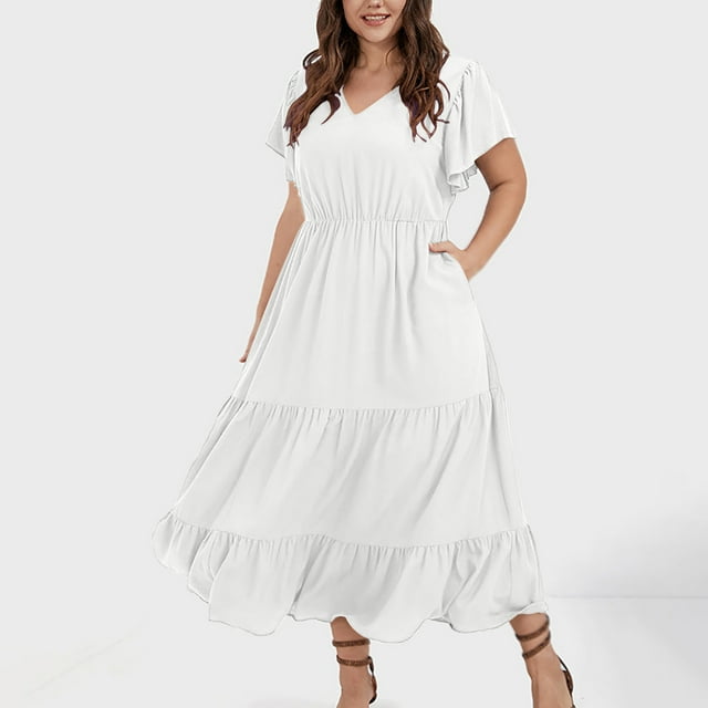 Économies pour une Durée Limitée, Robe Grande Taille pour Femmes à Col en V, Robes d'Été Décontractées Sans Manches avec Poches pour un Style Estival Décontracté, pour Toutes les Saisons/95 % Polyester, 5 % Élasthanne, Blanc, Sopatenor