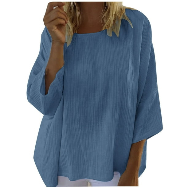 Blusa de manga larga suelta con cuello redondo de color sólido informal a la moda para mujer Pompotops FGAJ5451