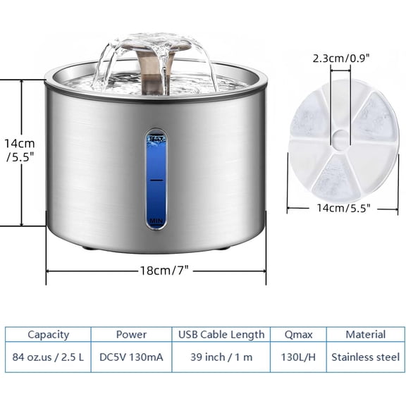 Stainless Steel Cat Water Fountain 84oz Automatic Pet Dispenser with Silent Pump and Multi-Layer Filtration for Cats Dogs Indoor