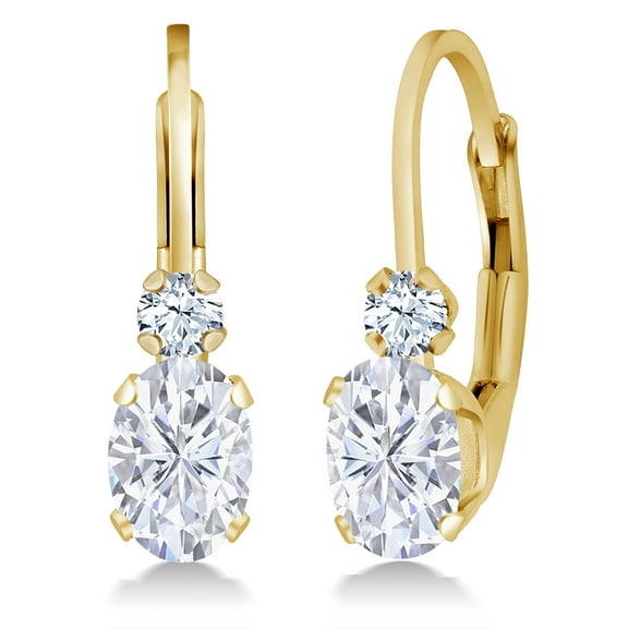 Gem Stone King 14K Yellow Gold Moissanite and White Created Sapphire Leverback Earrings for Women | 1.08 Cttw | Gemstone | Oval 6X4MM, Round 2MM | 3/4 inch