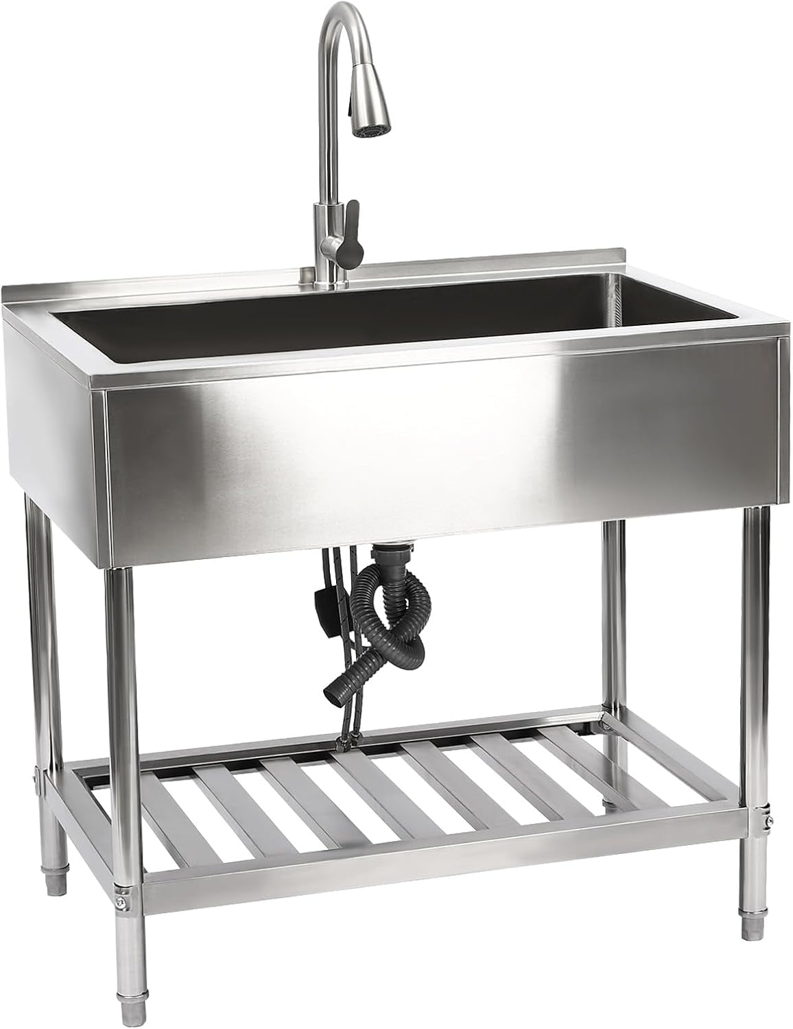 YIYIBYUS Utility Sink, 35.8" L x 23.2" W x 34.3" D Free Standing Single Bowl Kitchen Sink with Cold and Hot Water Faucet, Commercial Stainless Steel Sink for Kitchens, Bathrooms, Garage, Laundry Room