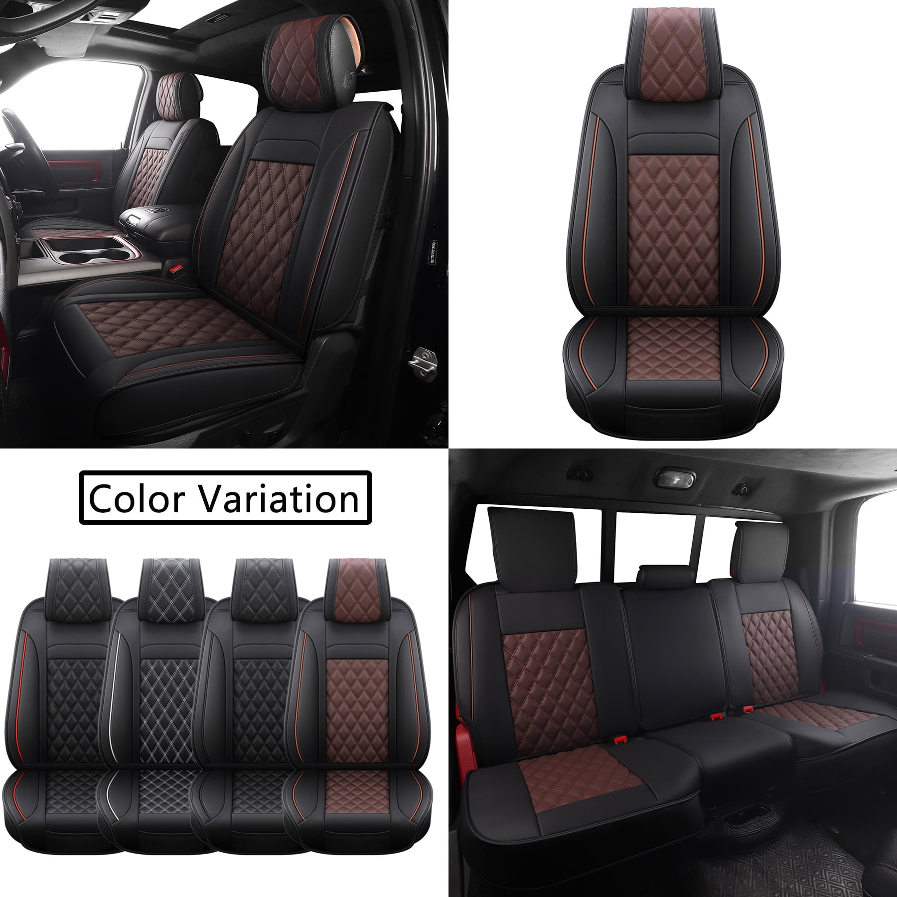JOJOBAY Car Seat Covers for Dodge Ram,Fit 2009-2026 1500/2500/3500 HD Pick-up Truck,Crew,Regular,Quad,Mega Cab,Waterproof Synthetic Leather Seat Covers(5PCS-Full Set,Black-Brown)