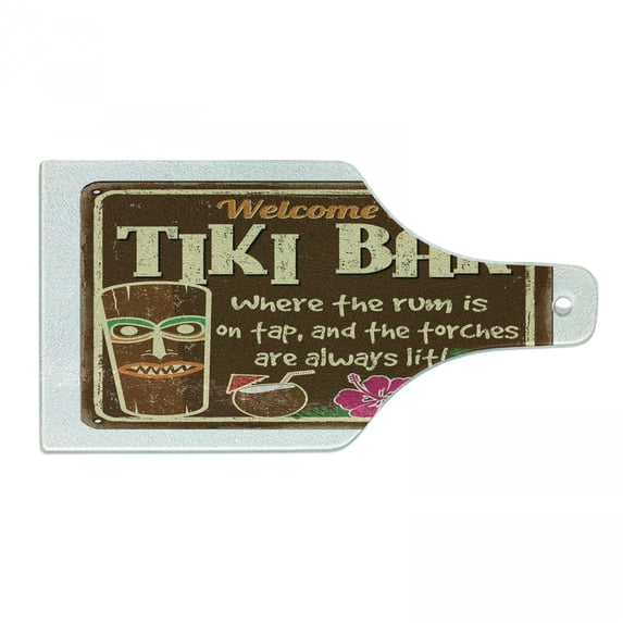 Tiki Bar Cutting Board, Aged Old Frame Sign of Inspirational Words Leisure Travel Print, Decorative Tempered Glass Cutting and Serving Board, Wine Bottle Shape, Multicolor, by Ambesonne