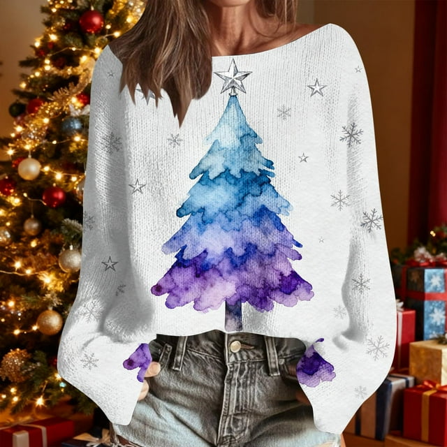 HOZADOIE Pulls pour Femmes Noël Festif Mignon Imprimé Couleur Unie Manches Longues Col Rond Polyvalent Ample Simple Confortable Chandail Automne Hiver Style