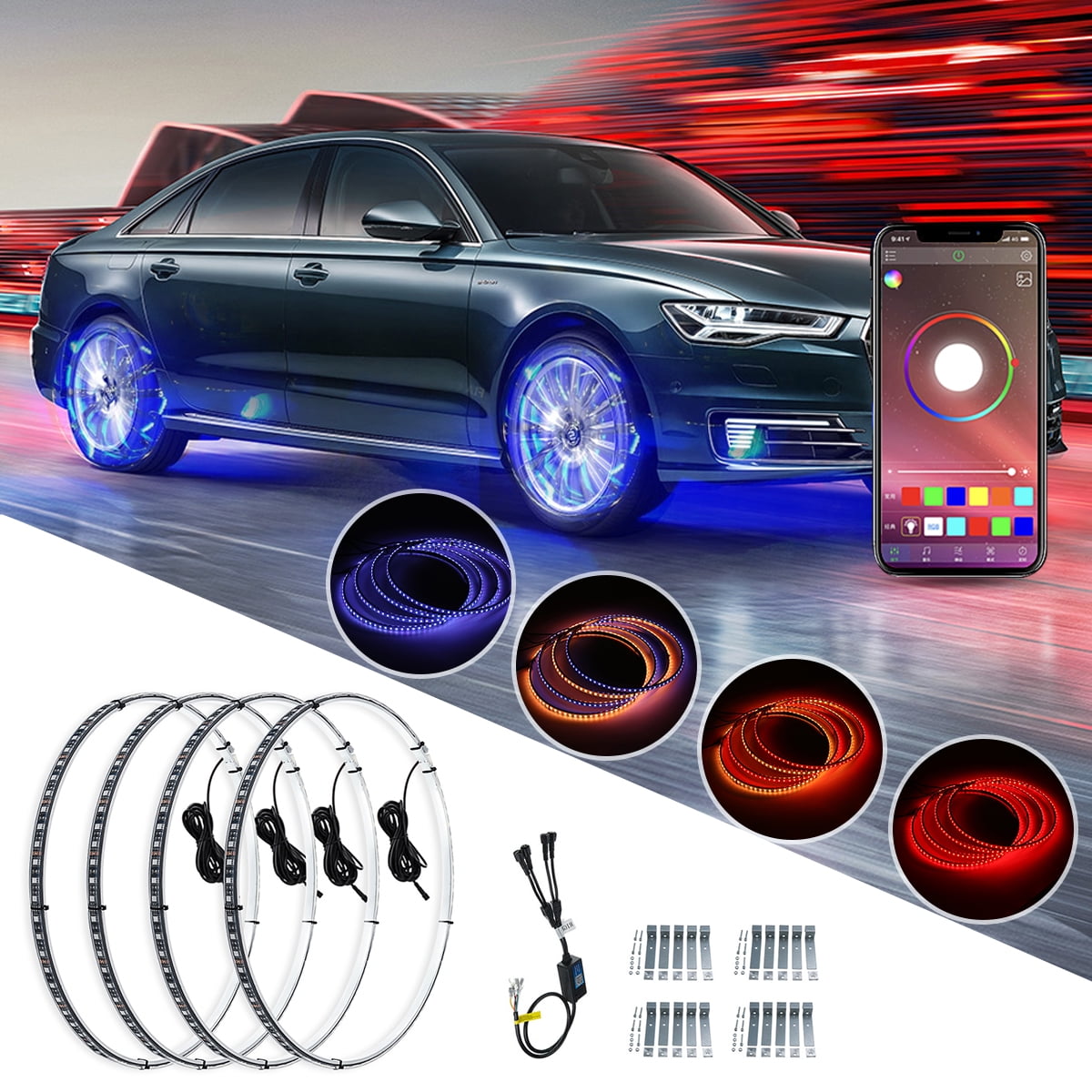 15.5" RGB Color Shifting x4PCS Wheel Rings Lights Bluetooth For Truck Car Strobe 