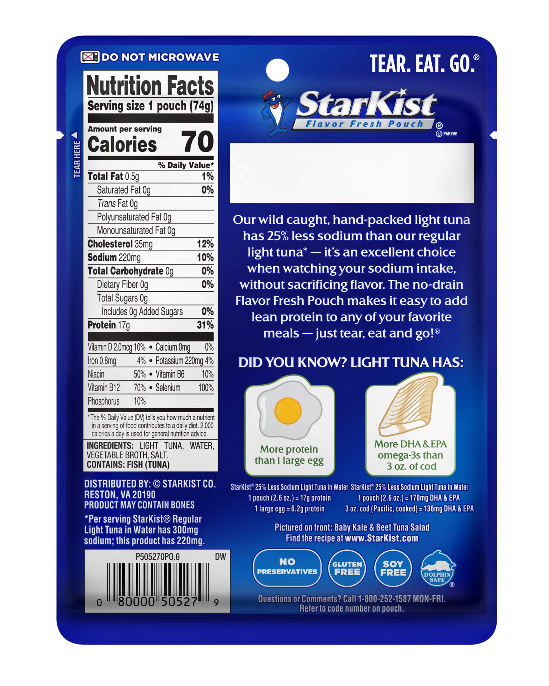 (24 pack) StarKist 25% Less Sodium Light Tuna in Water, 2.6 oz Pouch