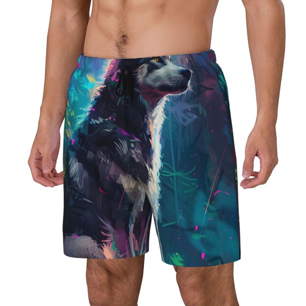 Balery Colorful Plant Wolf Bañador para hombre, shorts de playa de secado rápido con entrepierna y forro de compresión-Small