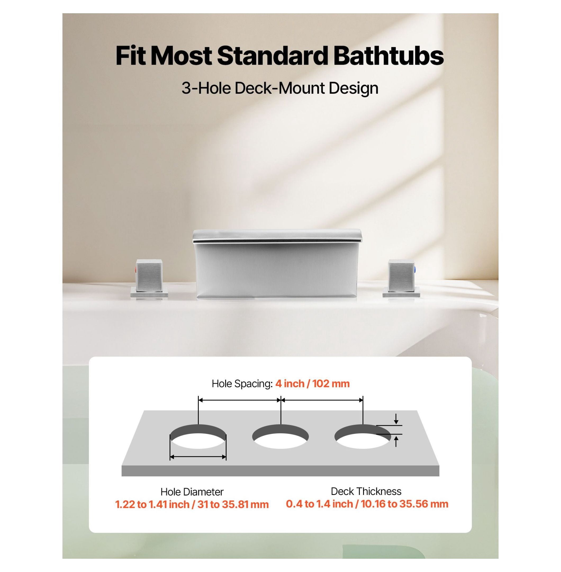 Roman Tub Faucet 3 Hole, Waterfall Bathtub Faucet with Handles, Deck Mount Tub Spout, Silver Finish, High Flow for Adult Bathing, Modern Bathroom