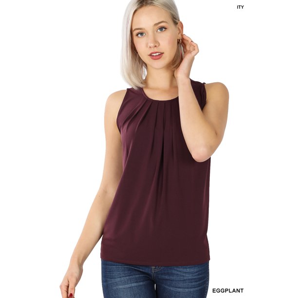 Zenana Women & Plus Slim Fit Round Neck Sleeveless Front Neck Pleated Blouse Tops w/Keyhole Back