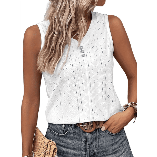 Camiseta Sin Mangas para Mujer, Conjuntos de Verano, Camisetas con Cuello en V, Camisetas Modernas con Ojales, Ropa Básica Sin Mangas para Vacaciones en la Playa XXXL