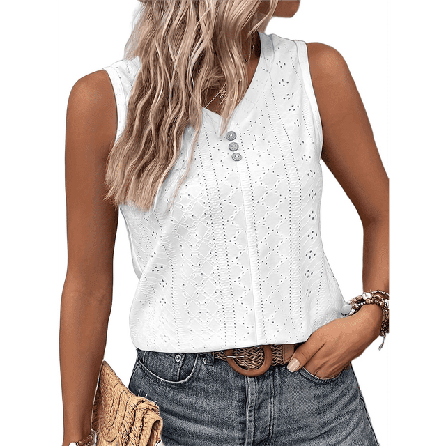 Camiseta Sin Mangas para Mujer, Conjuntos de Verano, Camisetas con Cuello en V, Camisetas Modernas con Ojales, Ropa Básica Sin Mangas para Vacaciones en la Playa XXXL