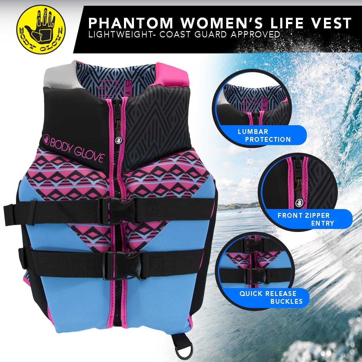 Body Glove- Phantom Women's PFD-Adult Life Jacket -Adult, Women, Small, Blue