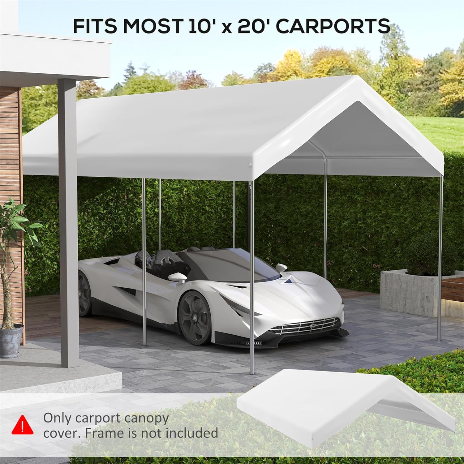 10x20 Canopy Replacement Cover, Heavy Duty Carport Canopy, UV Resistant Car Tent Cover, Water Resistant Car Port Cover with Ball Bungee Cords, White, Only Cover