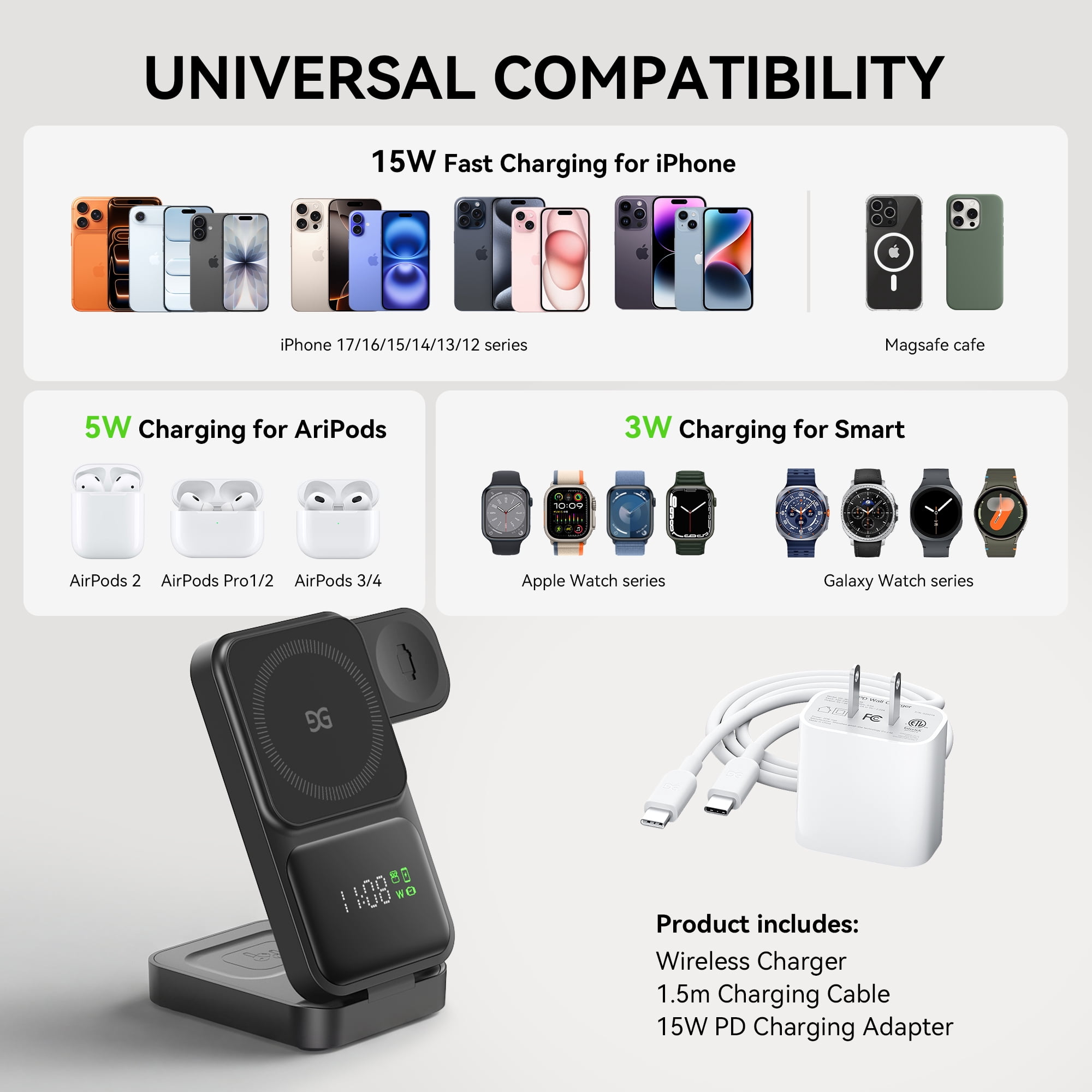 GUSGU 3-in-1 Charging Station for MagSafe Wireless Charger Clock, LED Screen with Power Display, 15W Fast Charging, Compatible with iPhone 17/Air/16/15, iWatch Ultra 3, AirPods Pro 3, Black