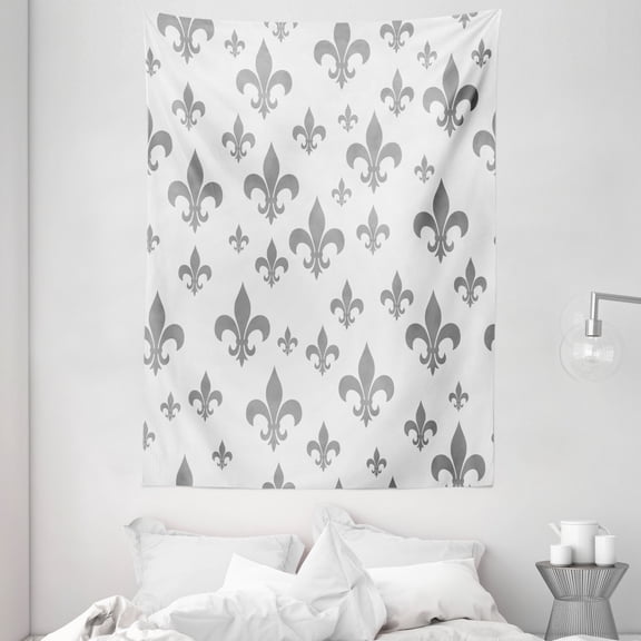 Fleur De Lis Tapestry, Ethnic Lily Pattern Classic Retro Royal Vintage European Iris Ornamental Artwork, Wall Hanging for Bedroom Living Room Dorm Decor, 60W X 80L Inches, Grey, by Ambesonne