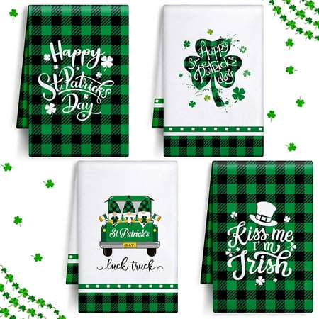 

SPXUBZ St. Patrick s Day Kitchen Towels Green and Black Buffalo Plaid Truck Gnome Clover Kiss Me I m Irish for Home Kitchen Gift Decoration St. Patrick s Day Towel Set of 4