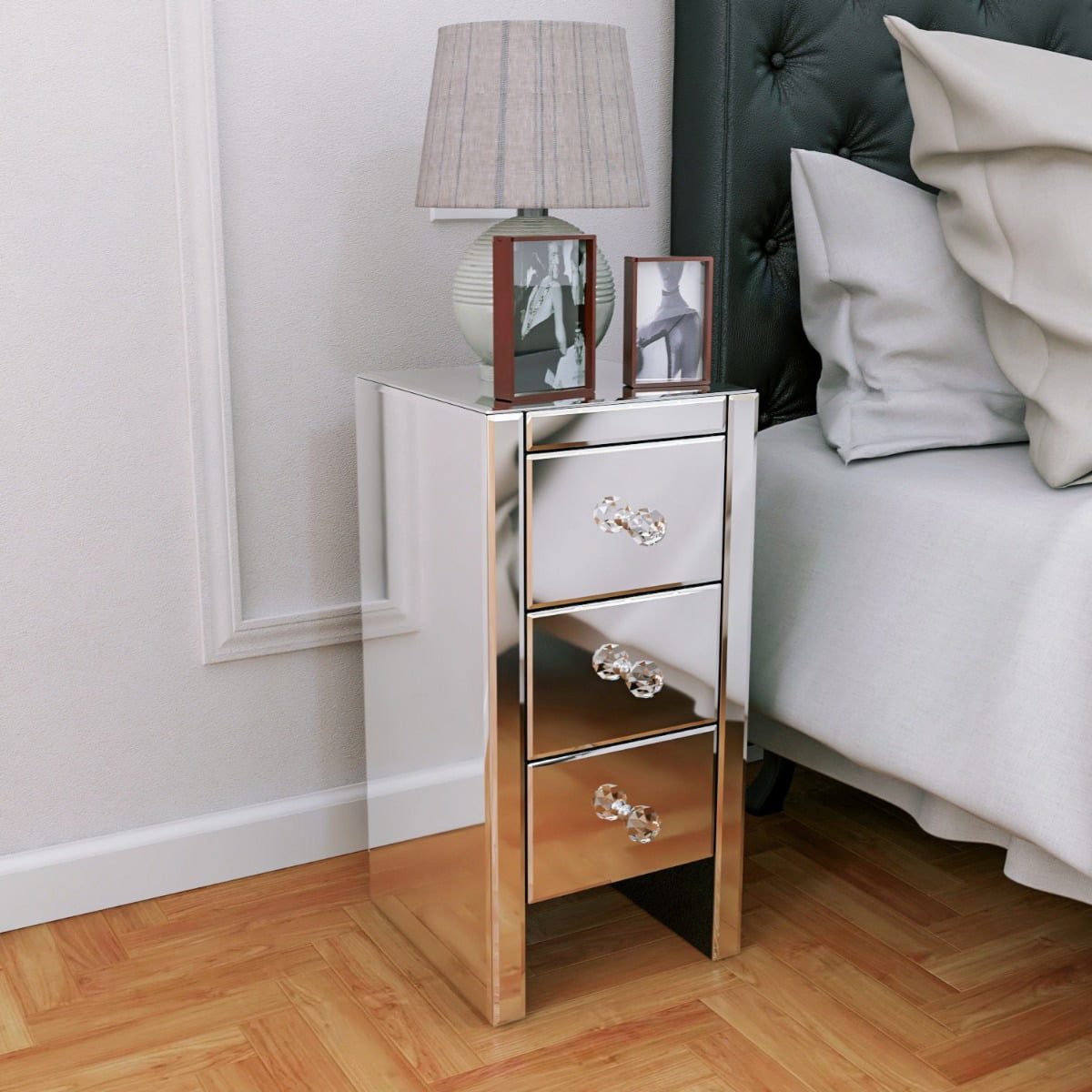 End Table Mirrored Storage Lamp Table Nightstand 3-Drawer Home Bedroom Furniture 
