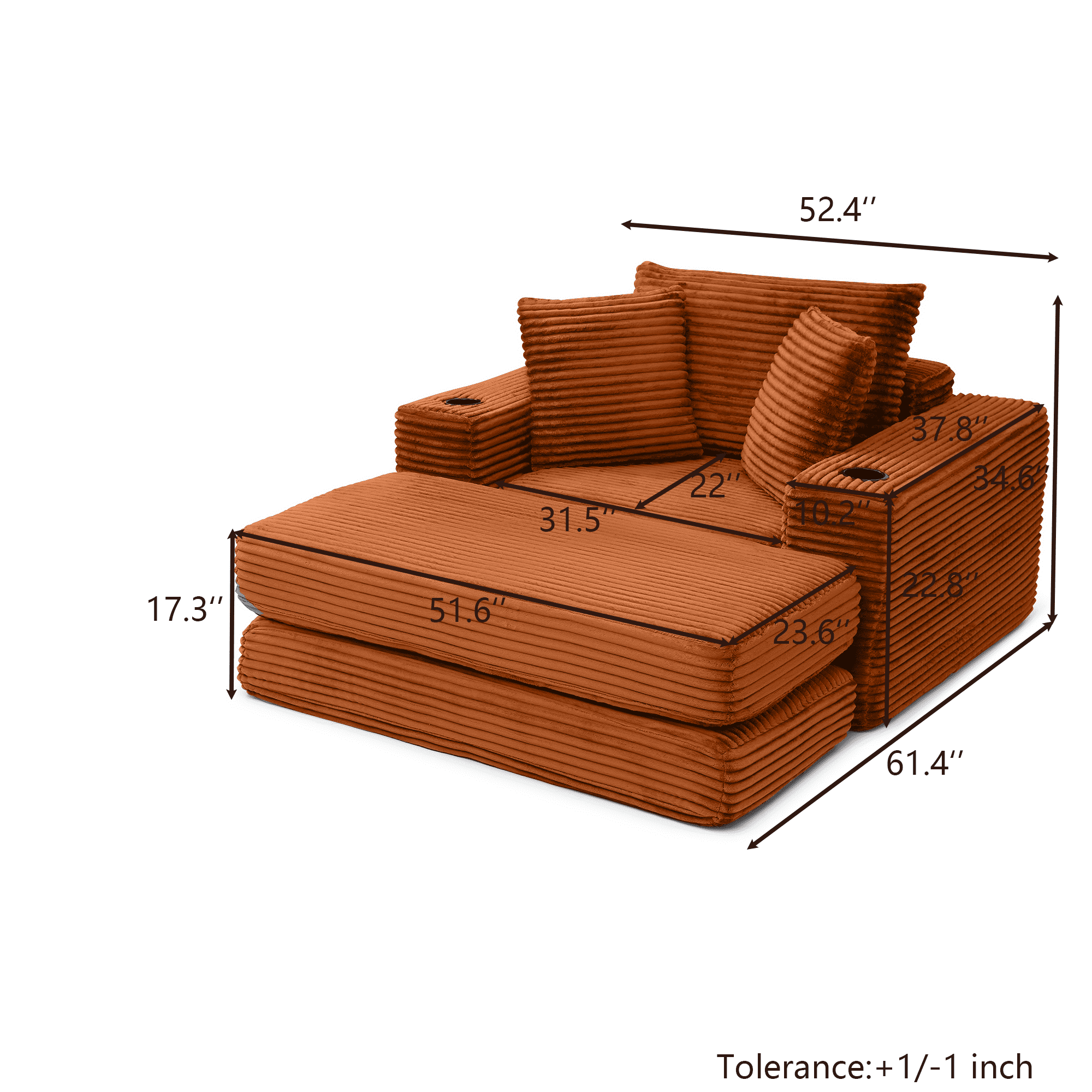 Miniyam 52" x 61" Foldable Sofa Bed and Ottoman Combo – Apartment Sleeper, Boneless Design, Cup Holders (Orange)