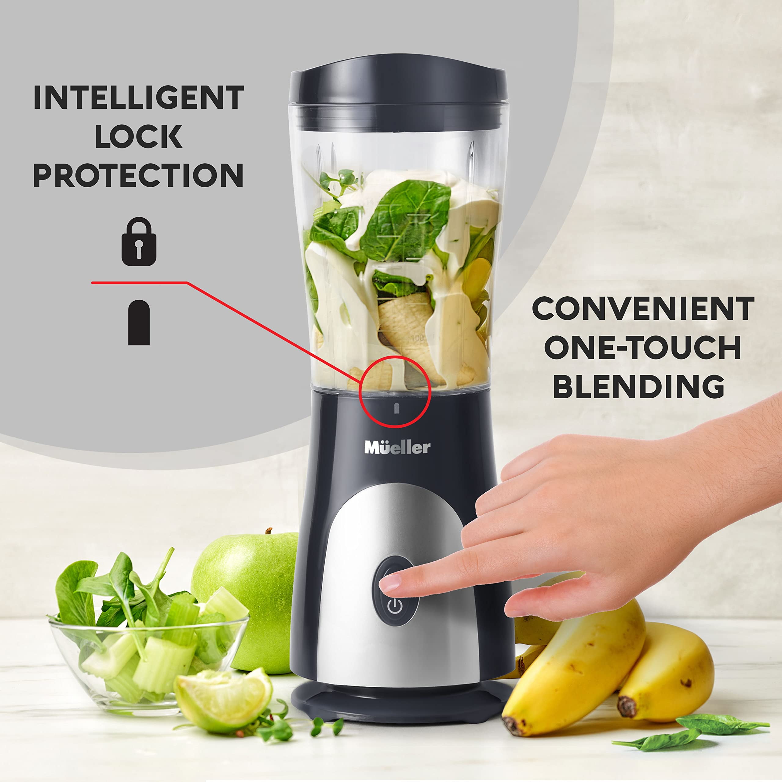 MÜELLERHOME Smoothie Blender for Smoothies-PersonalBlender for Shakes,Frozen Drinks,Baby Food & More,15oz Travel Cup and Lid,Durable Stainless Steel Blades for Powerful Blending Performance,Grey