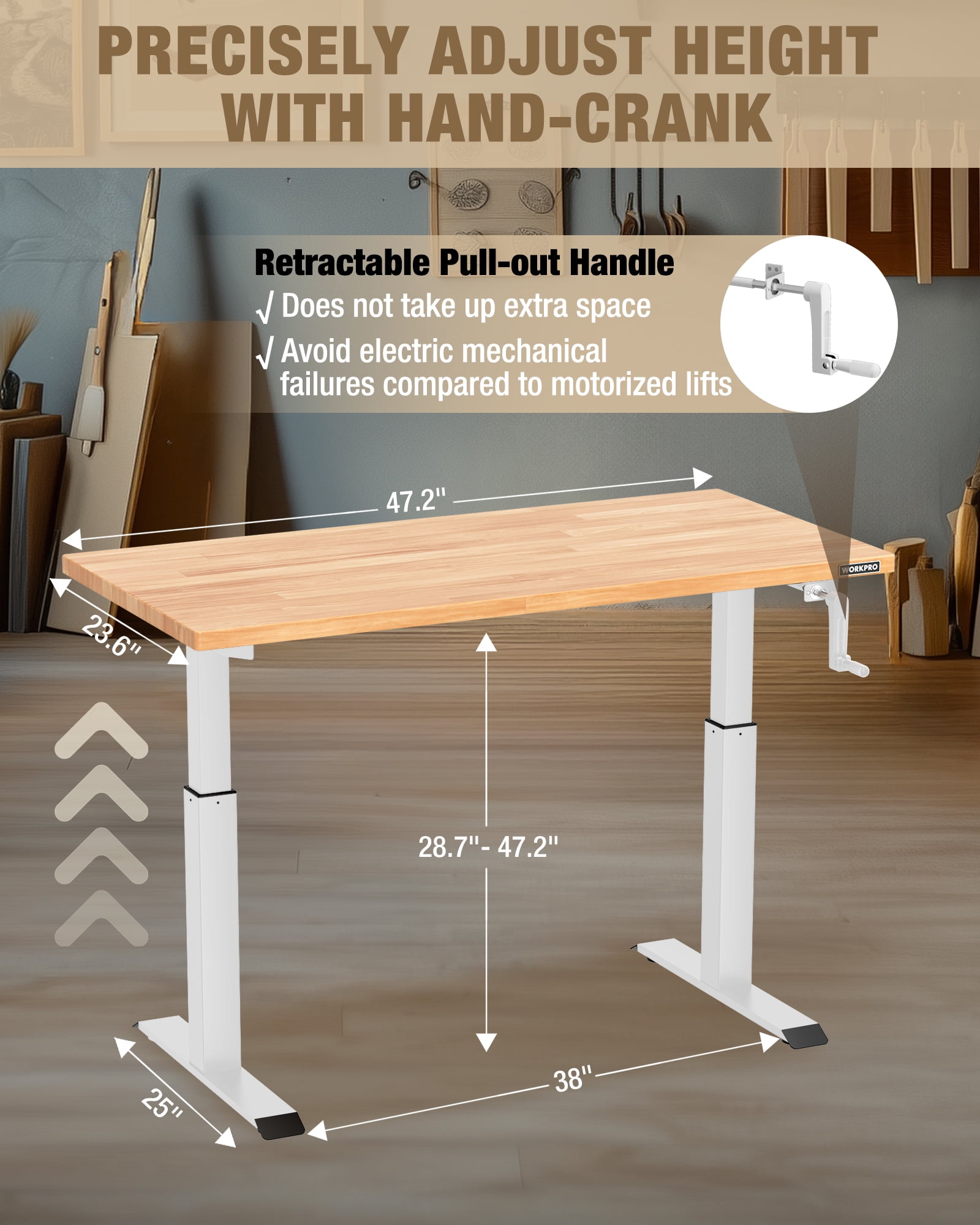 WORKPRO 300 lbs Height Adjustable Workbench with Crank Handle, 47.2"x 23.6" Rubberwood Work Table, Comfortable Standing Desk for Home Workshop Office, White
