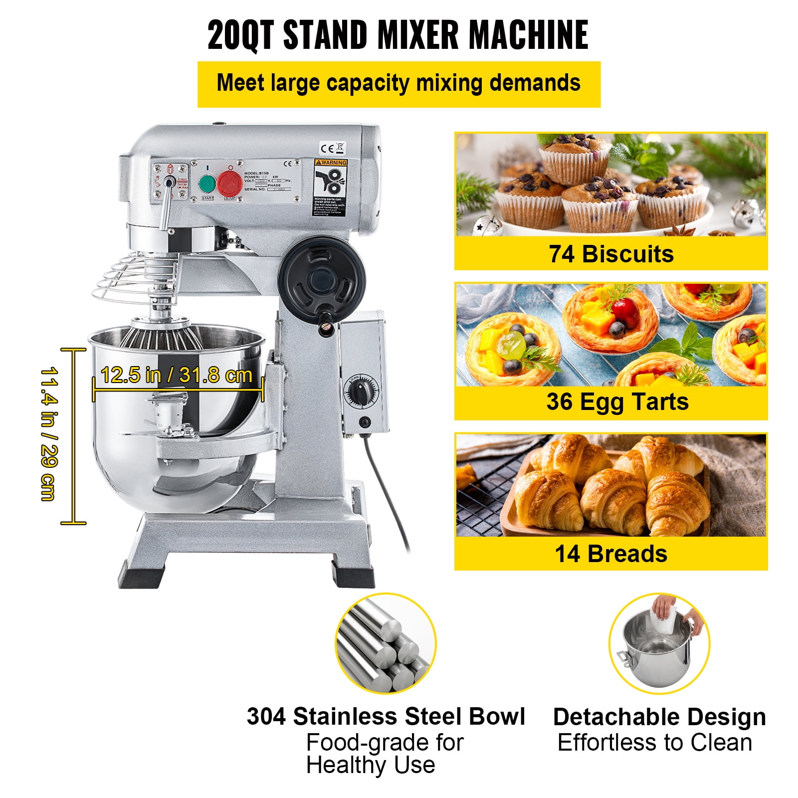 KFFKFF Commercial Stand Mixer, 20Qt Capacity with Timer Feature, 750W Stainless Steel Container Robust Electric Culinary Mixer with 3 Speed Settings 108/199/382 RPM, Includes Dough Hook and Whisk