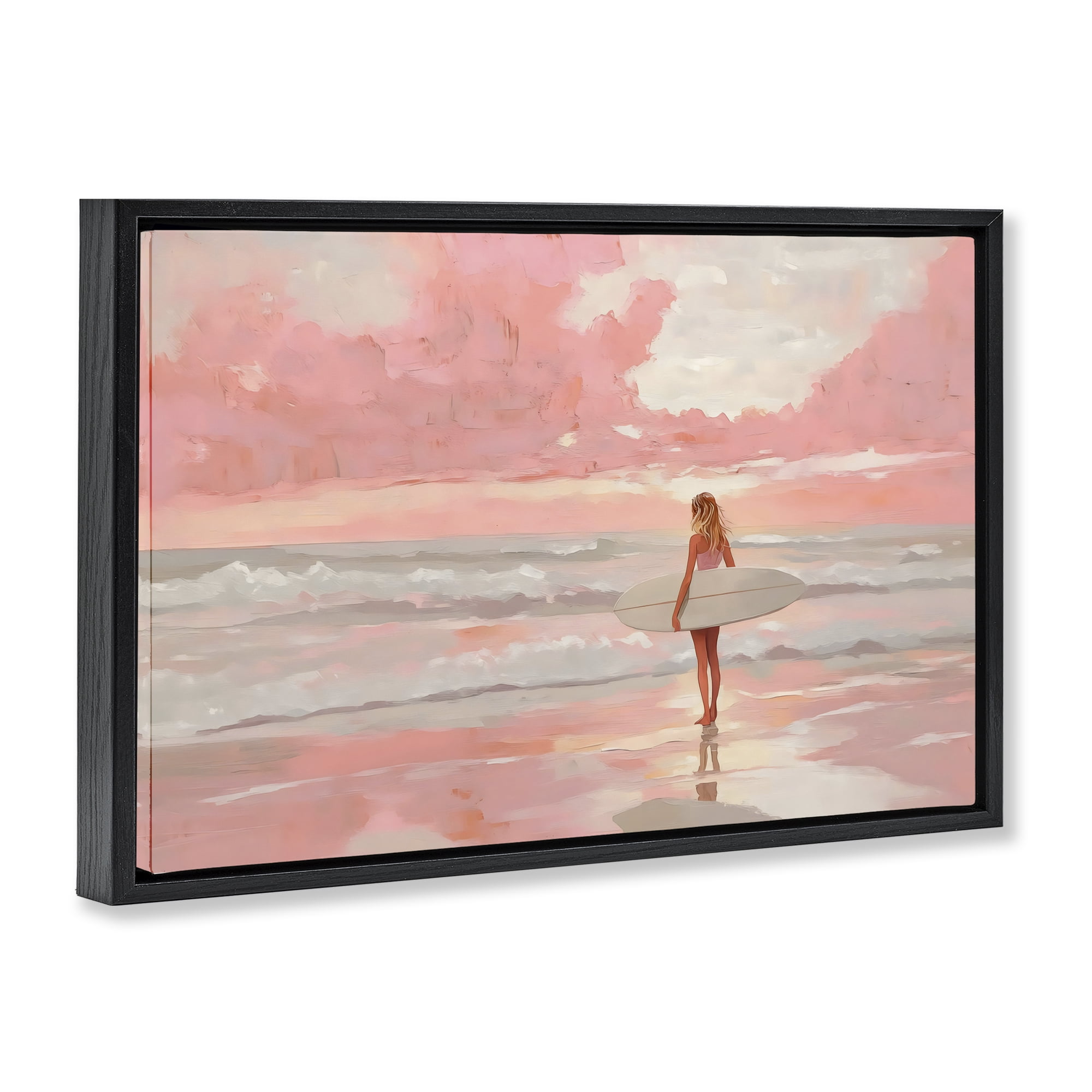 Pink Sky Surfer Black Framed Floater Canvas Wall Art, design by LSR Design Studio