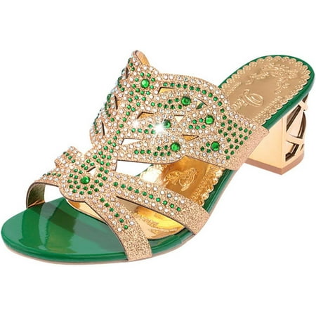 Plus Size Sandals for Women Mid Heel Buckle Sandals Ankle Strap Rhinestone Outdoor Sandals Shoes