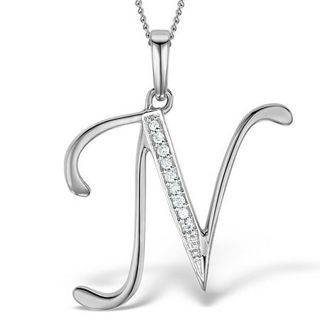Trillion Designs Sterling Silver 0.05Ct Round Cut Natural Diamond Initial N Symbol Pendant Necklace